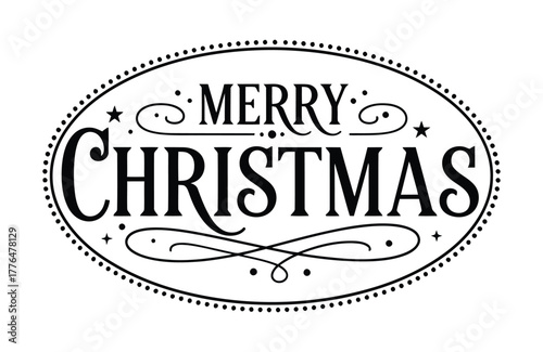 Vintage Merry Christmas Oval Badge with Decorative Flourishes and Stars