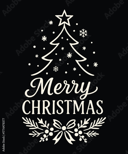 Elegant Merry Christmas Tree Silhouette with Snowflakes and Holiday Bow Decoration