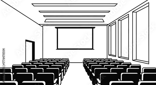 Conference room illustration with chairs and projector screen art editable vector