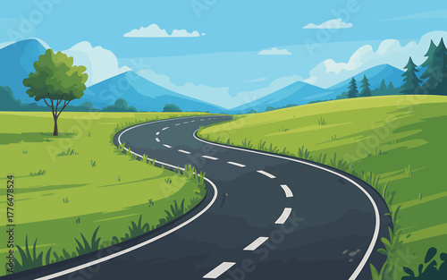 Scenic Road Trip Landscape with Green Fields and Distant Mountains A Serene Journey Illustration