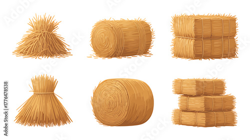 Cartoon Illustration of Straw Bales and Bundles Isolated on White Background Symbolizing Harvest and Farming Lifestyle