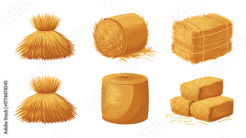 Varied Hay Bales and Stacks for Agricultural Harvesting and Rural Farm Life Depicted on White Background