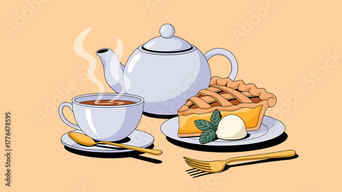 Cozy Still Life with Teapot Hot Tea and Slice of Pie Illustration for Relaxing Moments and Enjoying Delicious Treats