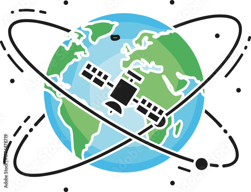 Earth satellite orbit, global communication vector, GPS technology icon, space observation concept, cad drawing flat vector illustration, minimal line art