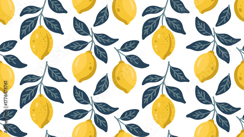 Bright and Cheerful Lemon Pattern with Dark Leaves on White Background Seamless Repeating Design for Textiles and Wallpapers