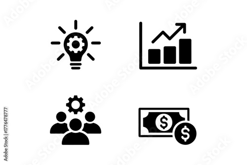 Business strategy icons showing innovation teamwork growth and financial success isolated on white background