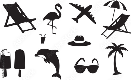 summer icons set, summer icons set, summer vacation silhouette, beach and travel, palm trees, waves, surfboards, flamingos, vector illustration