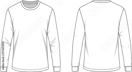 Long sleeve crew neck shirt front and back view, blank casual apparel template, fashion sketch, garment design, vector illustration