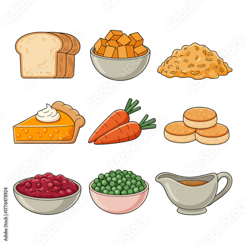 Traditional Thanksgiving Dinner Illustration Featuring Classic Dishes and Sides for Holiday Celebration and Festive Gatherings with Family