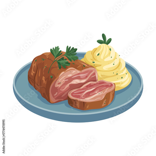 Elegant Dinner Plate with Roast Meat and Creamy Mashed Potatoes Garnished with Herbs Isolated on White Background