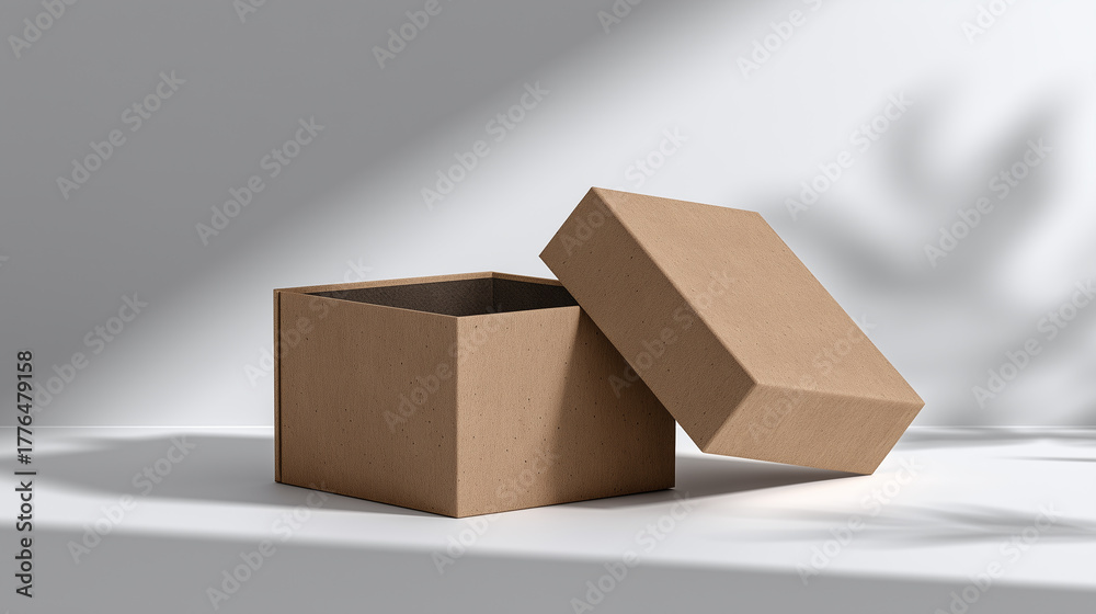 Fototapeta premium Minimalist cardboard box mockup with open lid, recycled material, natural brown color, modern shadow, clean background, eco friendly packaging, simple and elegant design