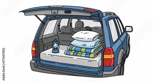 Car trunk camping gear pillows blanket lantern