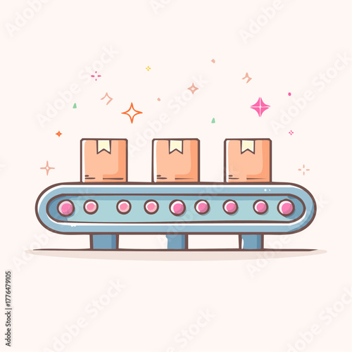 Three Cardboard Boxes on a Blue Conveyor Belt with Sparkling Lights and Light Pink Background