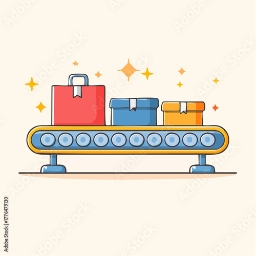 Boxes moving on a conveyor belt with sparkling lights in a studio setting