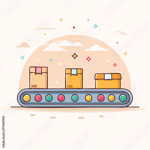 Illustrated Conveyor Belt Moving Cardboard Boxes in a Warehouse with Pastel Clouds and Stars