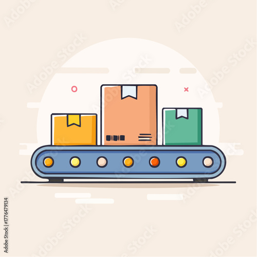 Conveyor Belt Carrying Colorful Boxes with Abstract Cloud Shapes in Background Flat Design Illustration