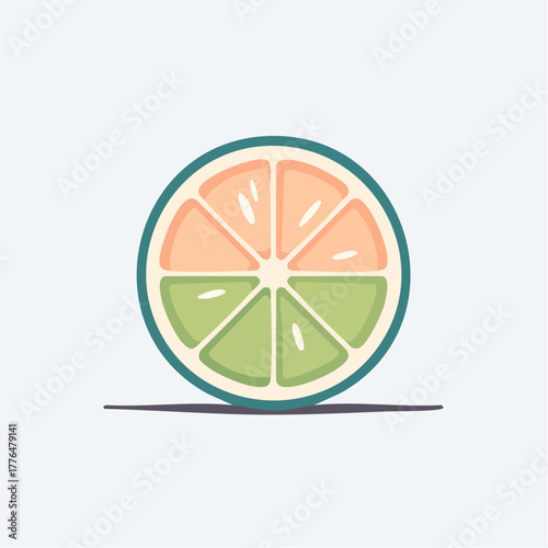 Stylized Citrus Slice with Pink and Green Segments Against a Light Background Minimalist Design