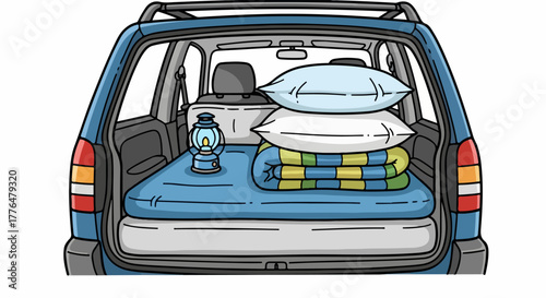 Car trunk camping gear pillows blankets lantern