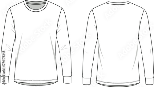 Long sleeve crew neck shirt, fashion sketch, technical drawing, apparel template, garment design, front and back view, vector illustration