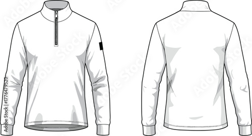 Long sleeve pullover technical sketch, front and back view, fashion flat drawing, zipper collar, apparel design, garment template, vector illustration