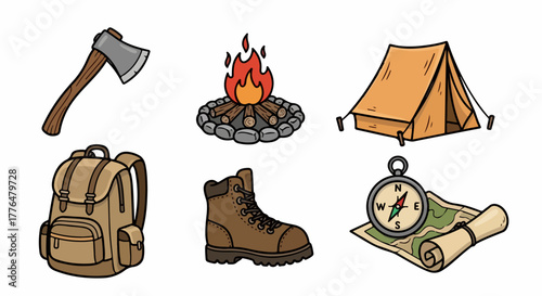 Camping gear icons set for outdoor adventure