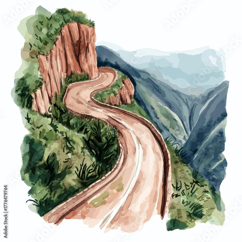 Death Road - Yungas Road. Death Road - Yungas Road hand drawn watercolor illustration