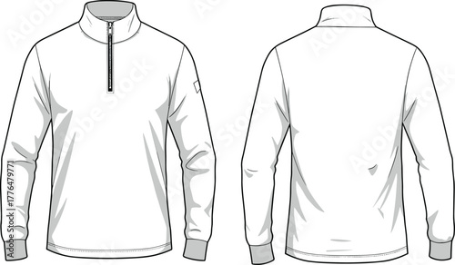 Long sleeve pullover technical sketch, half zip collar, fashion flat drawing, apparel design template, garment illustration, front back view