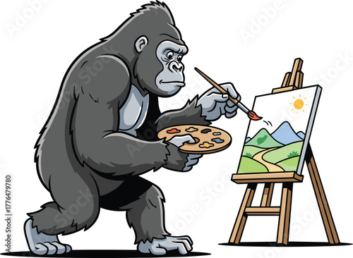 Gorilla painting landscape, cartoon gorilla artist, animal painter illustration, creative ape artwork, funny wildlife drawing, nature art concept, vector