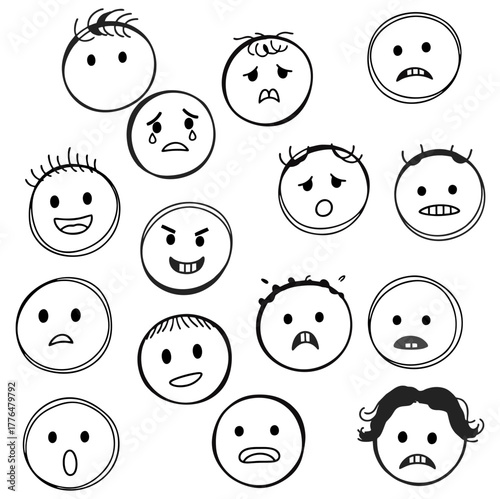 Collection of hand-drawn cartoon faces expressing various human emotions and feelings.
