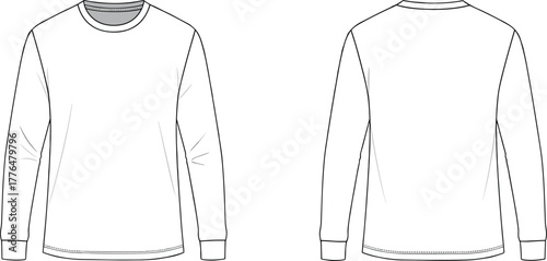 Long sleeve crew neck shirt, fashion flat sketch, technical garment drawing, apparel template, front and back view, vector illustration