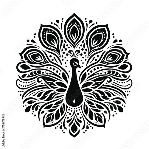Elegant peacock mandala design perfect for fabric prints, tattoos, and luxurious stationery projects