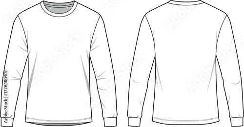 Long sleeve shirt, crew neck top, fashion flat sketch, technical garment drawing, casual wear, vector apparel, front back view