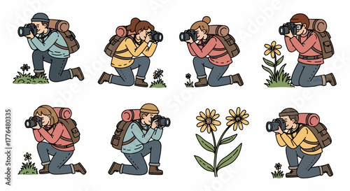 Photographers kneeling taking pictures in nature