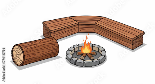 Campfire with log seating area outdoors