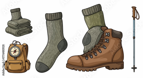 Hiking gear set with compass and trekking pole