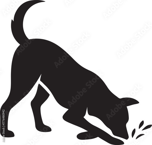 A black silhouette of a dog sniffing the ground with grass