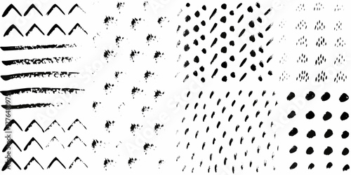 Collection of black abstract brush strokes and patterns on a white background