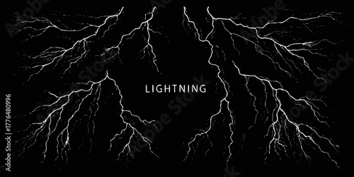 Abstract white lightning bolts striking across a dark black background with the word lightning in the center