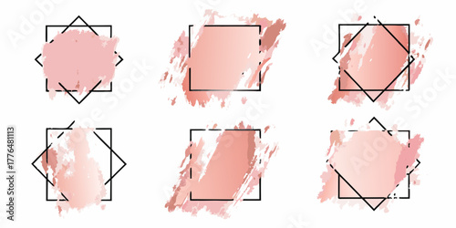 Set of six abstract pink watercolor brush stroke frames with geometric shapes for design