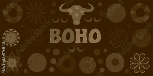 Boho style illustration with abstract elements and a bull head on a brown background