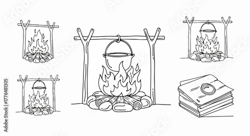 Campfire cooking setup with pot and firewood