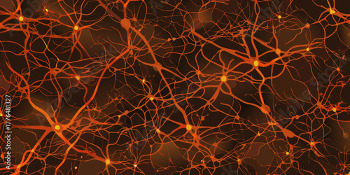 Abstract network of glowing orange neurons and synapses against a dark background