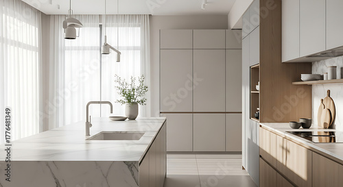 Modern neutral kitchen island with sleek cabinets and natural light