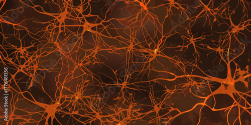Abstract depiction of interconnected neurons with glowing orange branches against a dark brown background