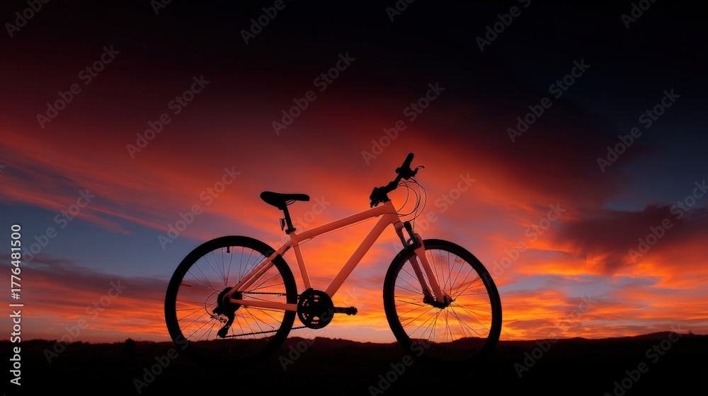 Obraz premium Photograph of a bicycle parked on a hill at sunset. the sky is a beautiful orange and red color, with the sun setting in the background.