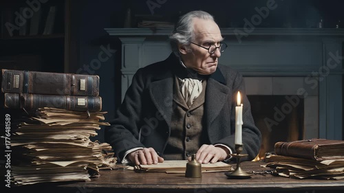 Ebenezer Scrooge Reads Documents by Candlelight in Historic Setting