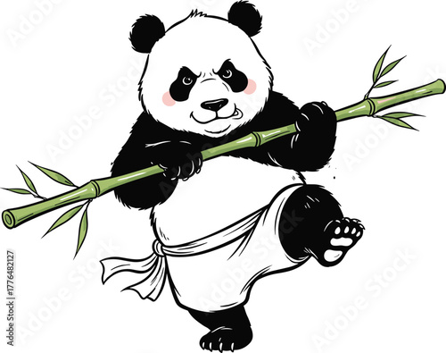 Panda, martial, arts, bamboo, cartoon, vector, illustration, kungfu, pose, action, animal, fighting, traditional, costume, dynamic, expressive, stance, blushed, determined, fun