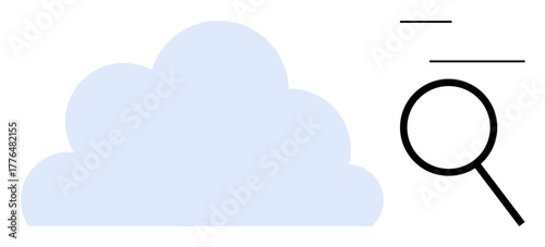Blue cloud and magnifying glass with simple lines. Ideal for cloud research, data analysis, online storage, technology, search, computing, exploration. Minimalist flat metaphor