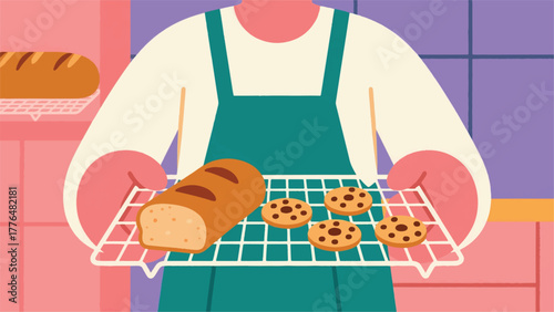 Illustration Vector Person Proudly Displaying Their Homemade Baked Goods On A Cooling Rack Vector Design Template
