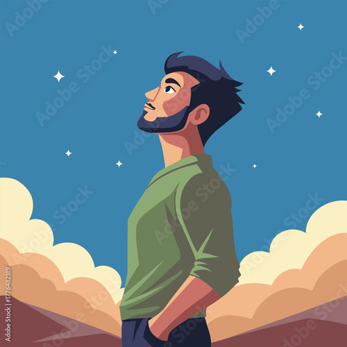 Thoughtful man looking up at the starry night sky. Freedom concept. Illustration.
